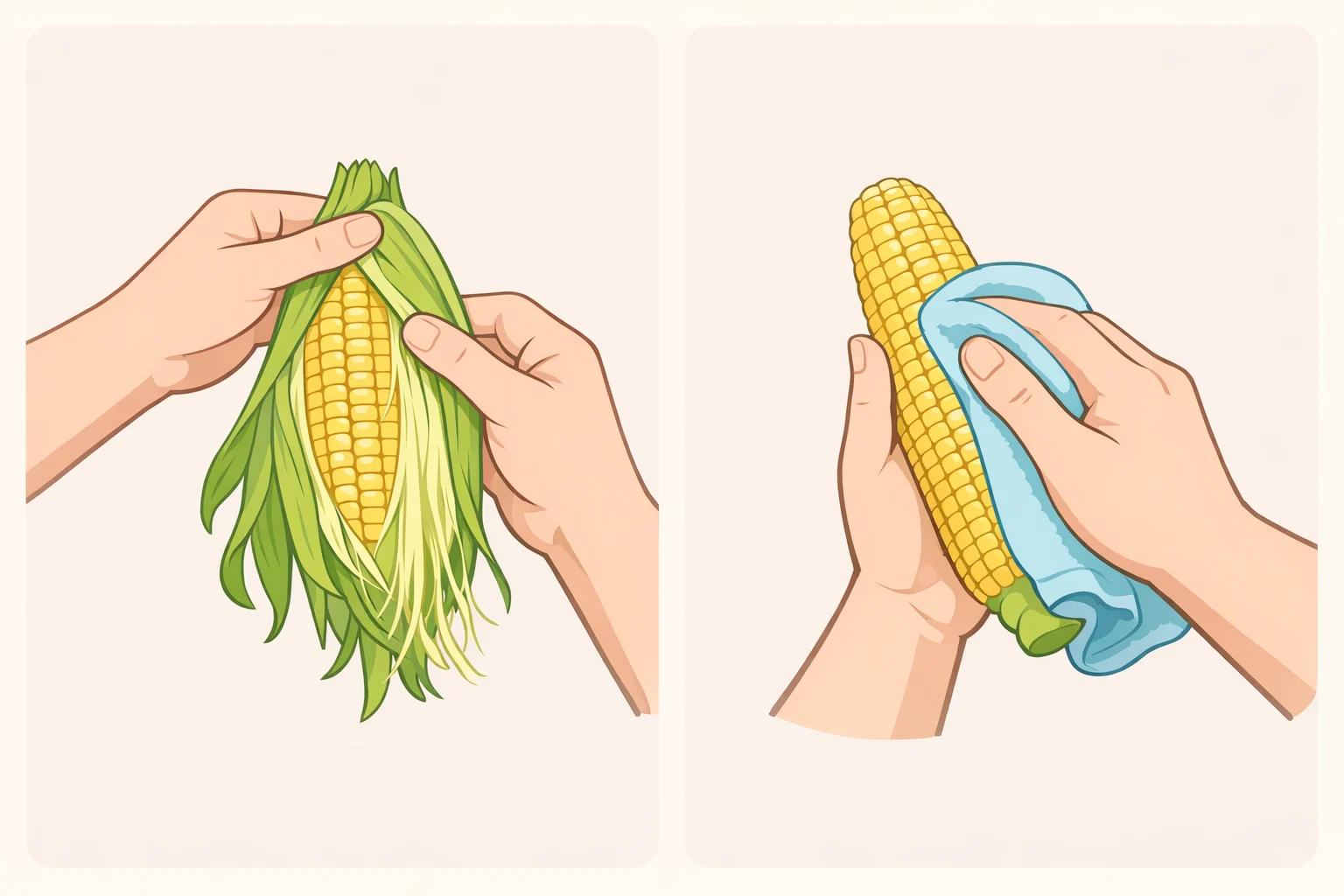 Close-up of peeling corn husk in two motions and wiping away remaining silk with a slightly damp kitchen towel