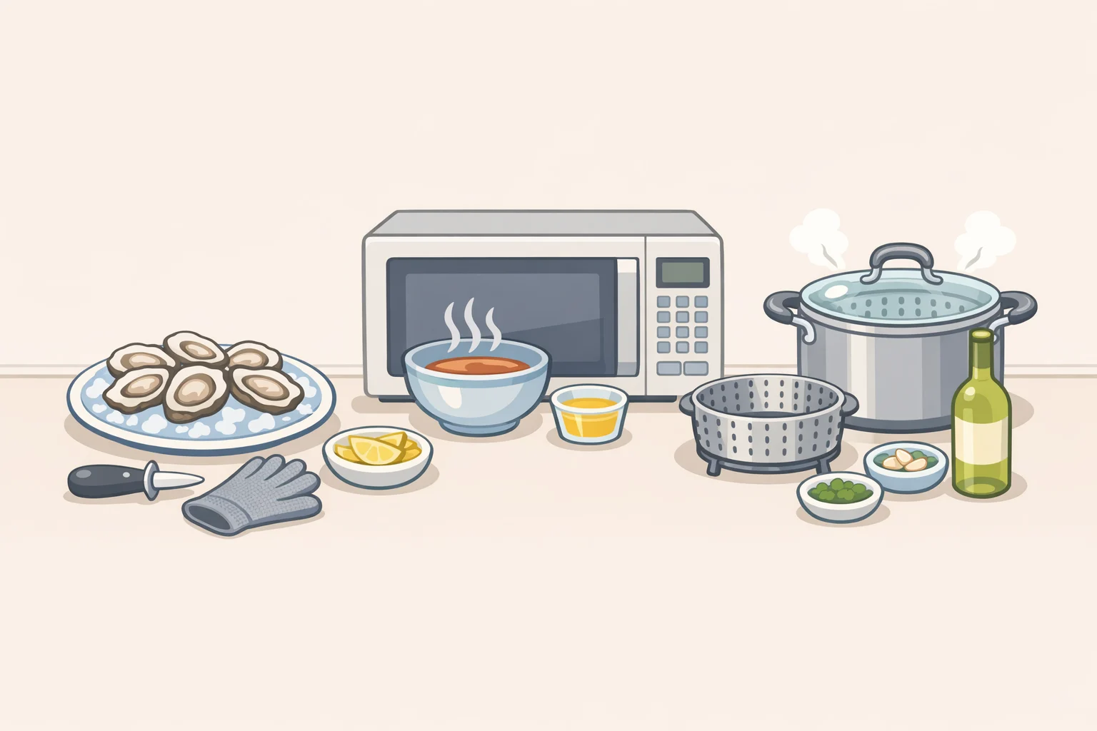 Tools for how to shuck corn easily: damp kitchen towel for hand-peeling, microwave-safe plate and oven mitt, and a steamer basket over a pot with water