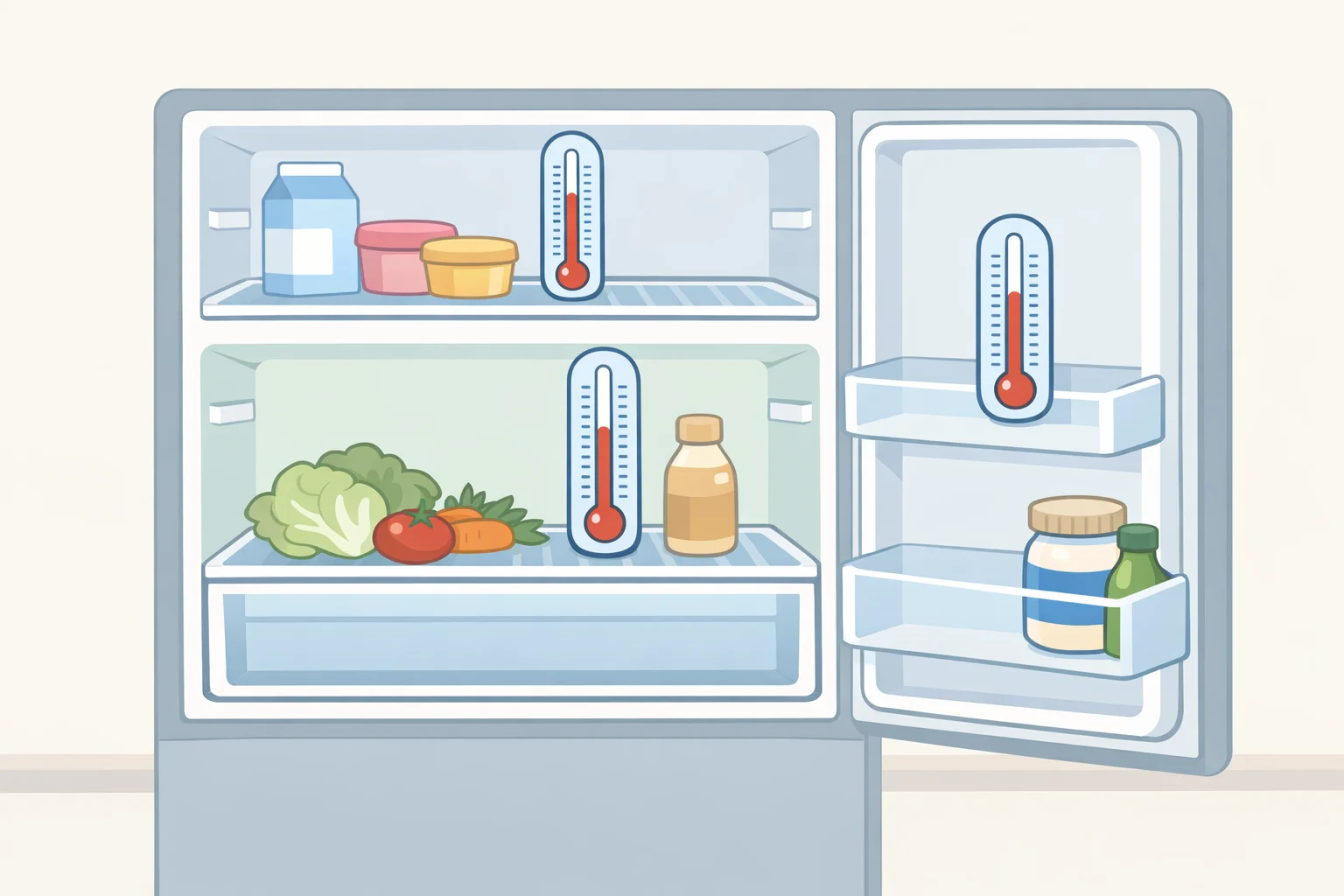 Illustration of how to organize your fridge by placing a dial thermometer at the back of the top shelf, back of the bottom shelf, and middle of the door shelf to compare coldest and warmest spots.