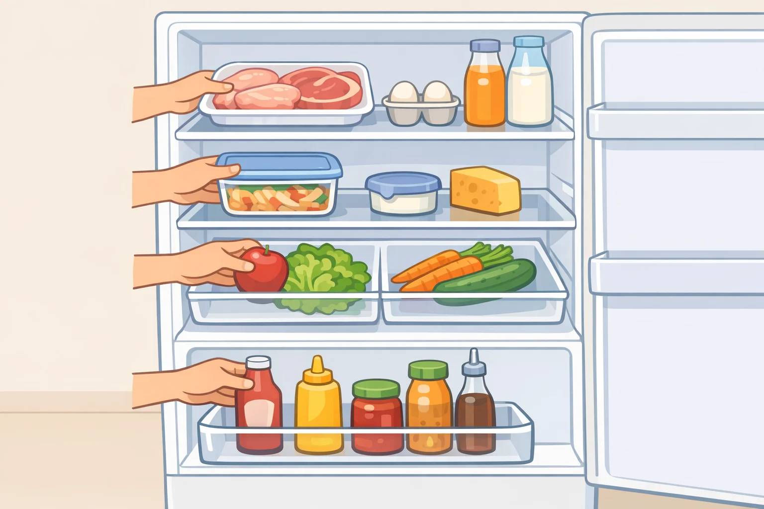 Diagram of refrigerator zones showing raw meat/poultry/fish on a tray in the lowest full shelf, labeled leftovers and dairy on the main shelf, produce in crisper drawers, and condiments/drinks on the door.