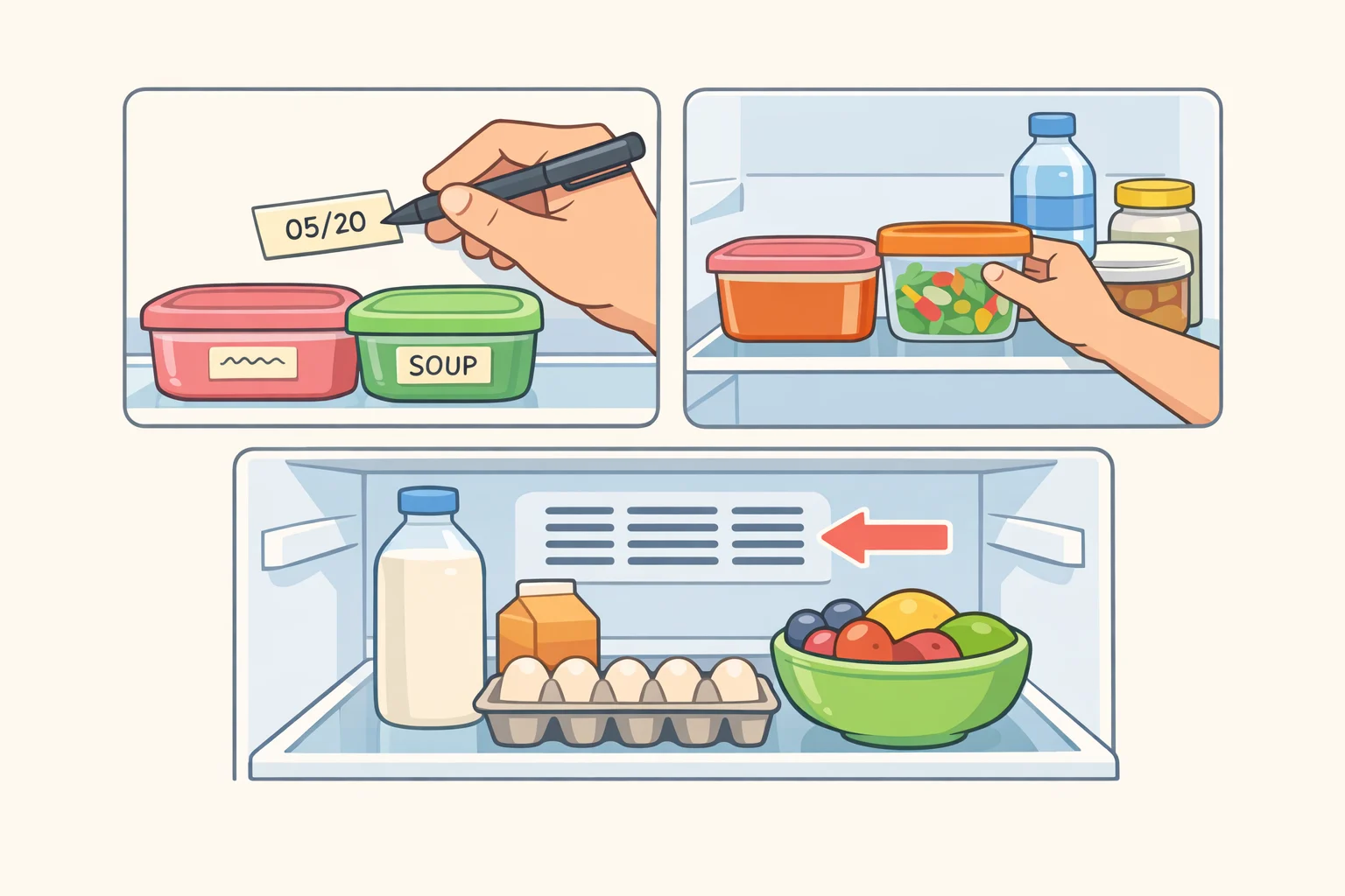 Illustration of weekly fridge maintenance: containers decanted and labeled with masking tape and marker, food rotated so older items move forward, and rear vents kept clear for proper cooling.