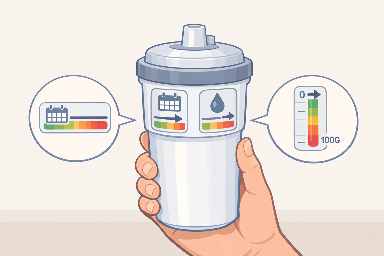 Illustration of a refrigerator water filter cartridge with two gauges labeled time remaining and gallons used, emphasizing the manufacturer’s interval for how often to change a water filter