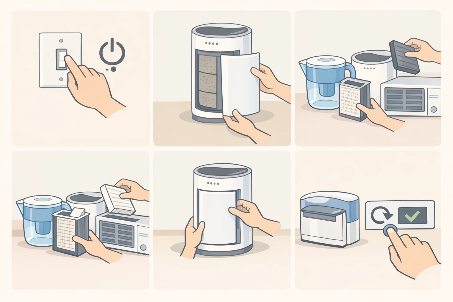 Illustration of a split checklist showing steps for an under-sink housing (shutoff and towel placement), a refrigerator filter (twist/push release), and an RO system (stage identification, flushing, indicator reset, install-date logging)