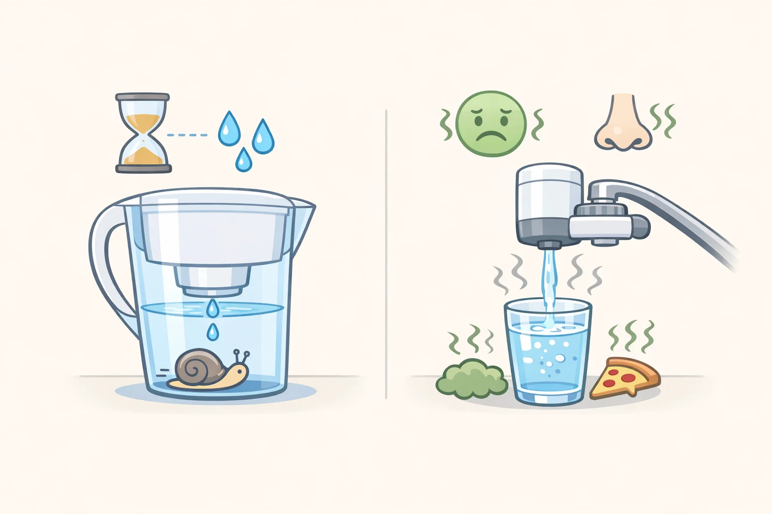 Illustration of a kitchen sink and pitcher filter where the water flow is visibly reduced and a warning sign indicates a return of taste or odor