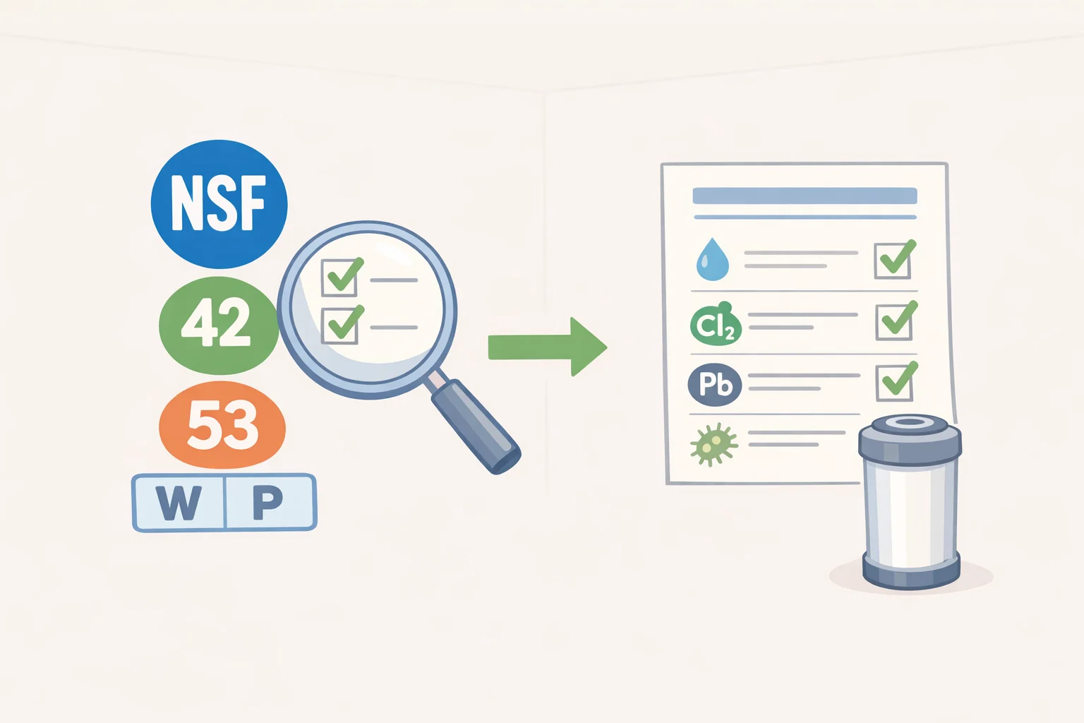 Illustration of a replacement filter label showing NSF/ANSI 42, 53, and 401 icons, alongside a Consumer Confidence Report table to match the correct certified reduction claim
