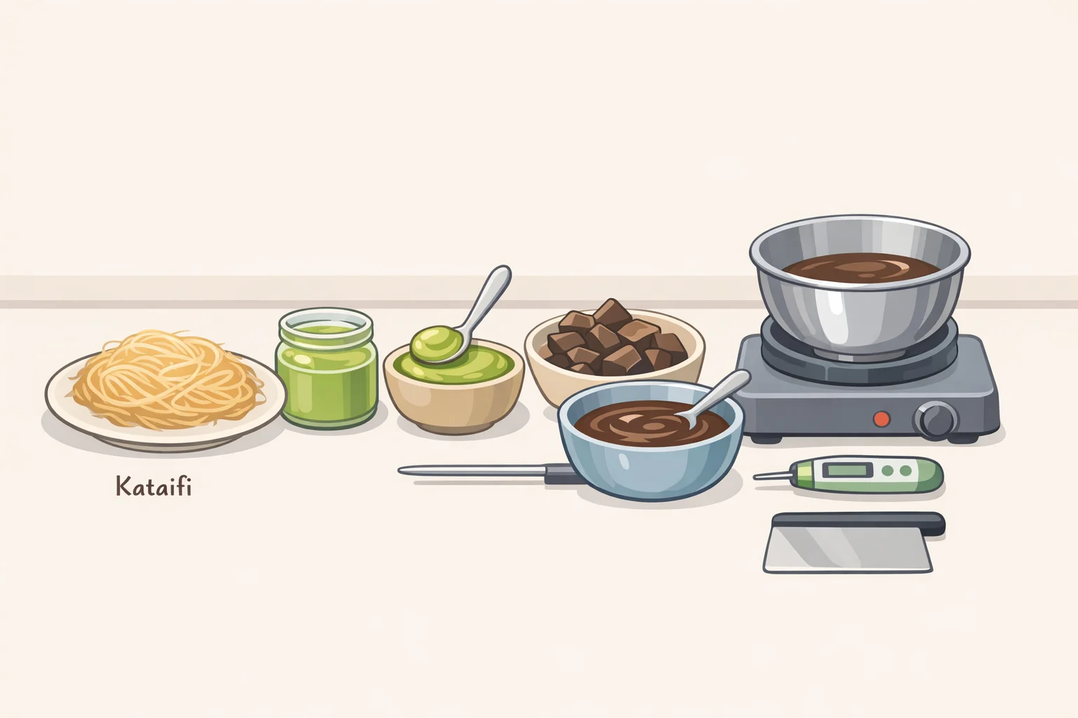 Ingredients and kitchen tools for making Dubai-style filled chocolate bars: kataifi strands, pistachio cream, chocolate, digital thermometer, and bar mold