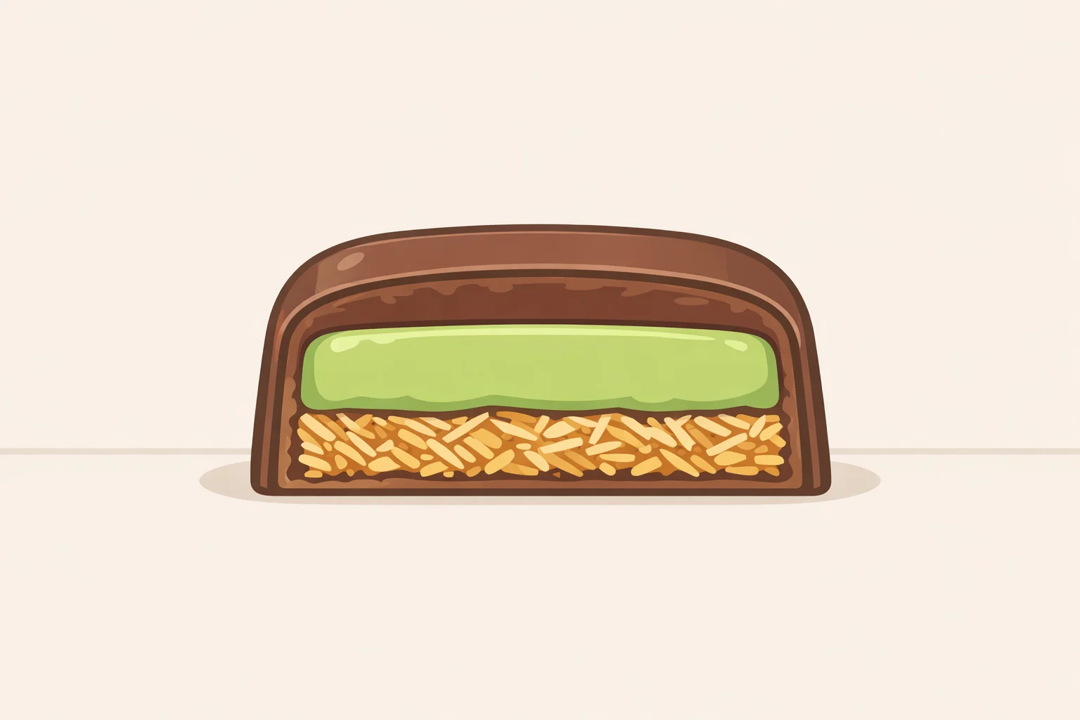 Cross-section of what is Dubai chocolate: a tempered chocolate shell filled with pistachio cream and toasted kataifi (shredded phyllo-style pastry) for a crunchy bite
