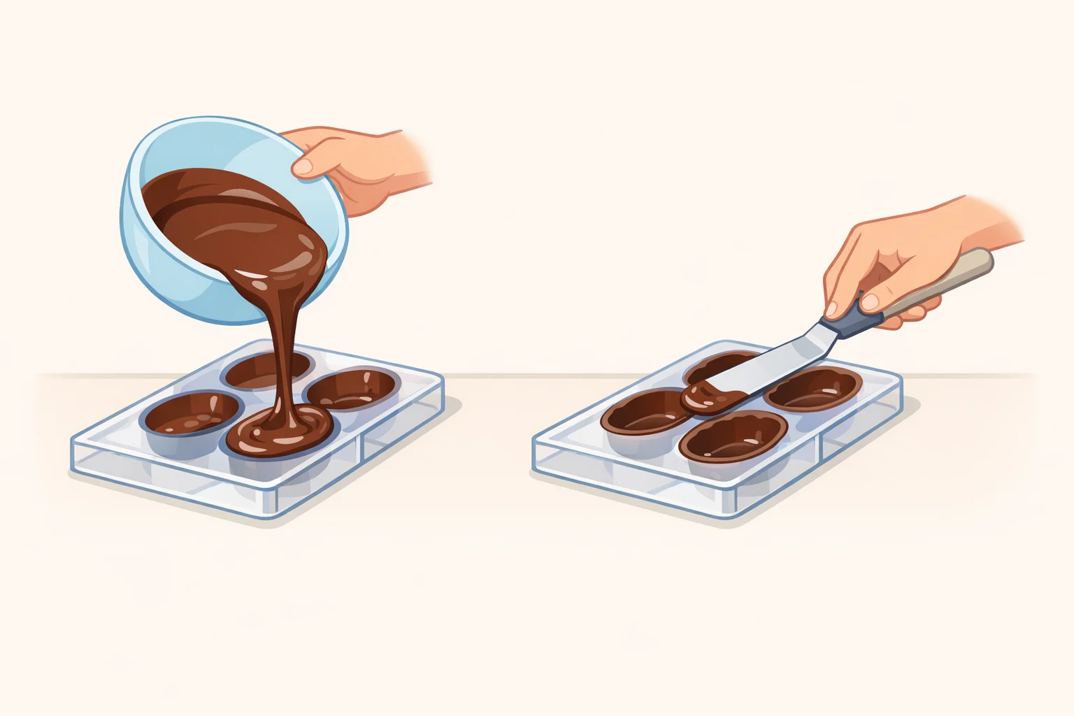 Baker pouring tempered chocolate into a bar mold, tapping out air bubbles, and coating the base and sides to form the crisp chocolate shell