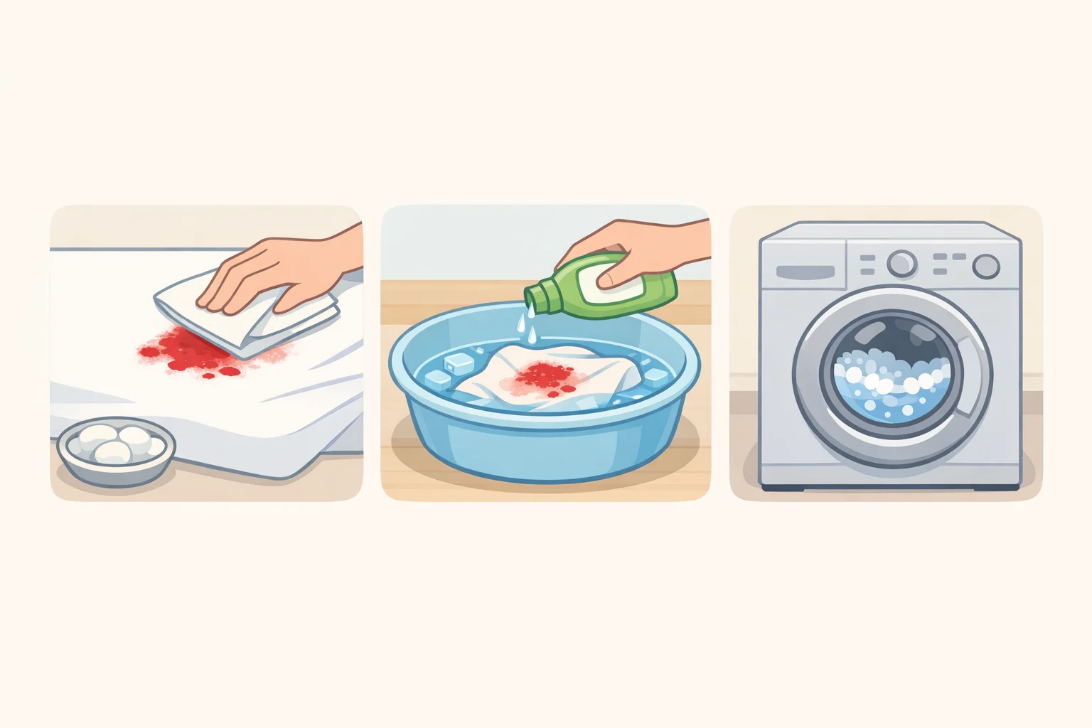 Step-by-step scene of gently blotting a fresh blood spot on a sheet with a cloth, applying enzyme detergent to the damp area, and rinsing with cold water before a cold wash for how to get blood out of sheets