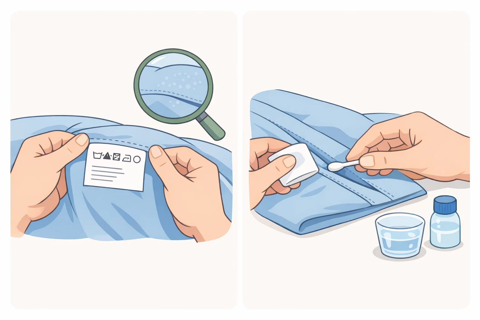 Close-up of a person inspecting a sheet care label and doing a patch test on an inside hem to ensure bleach or peroxide is safe for removing blood stains