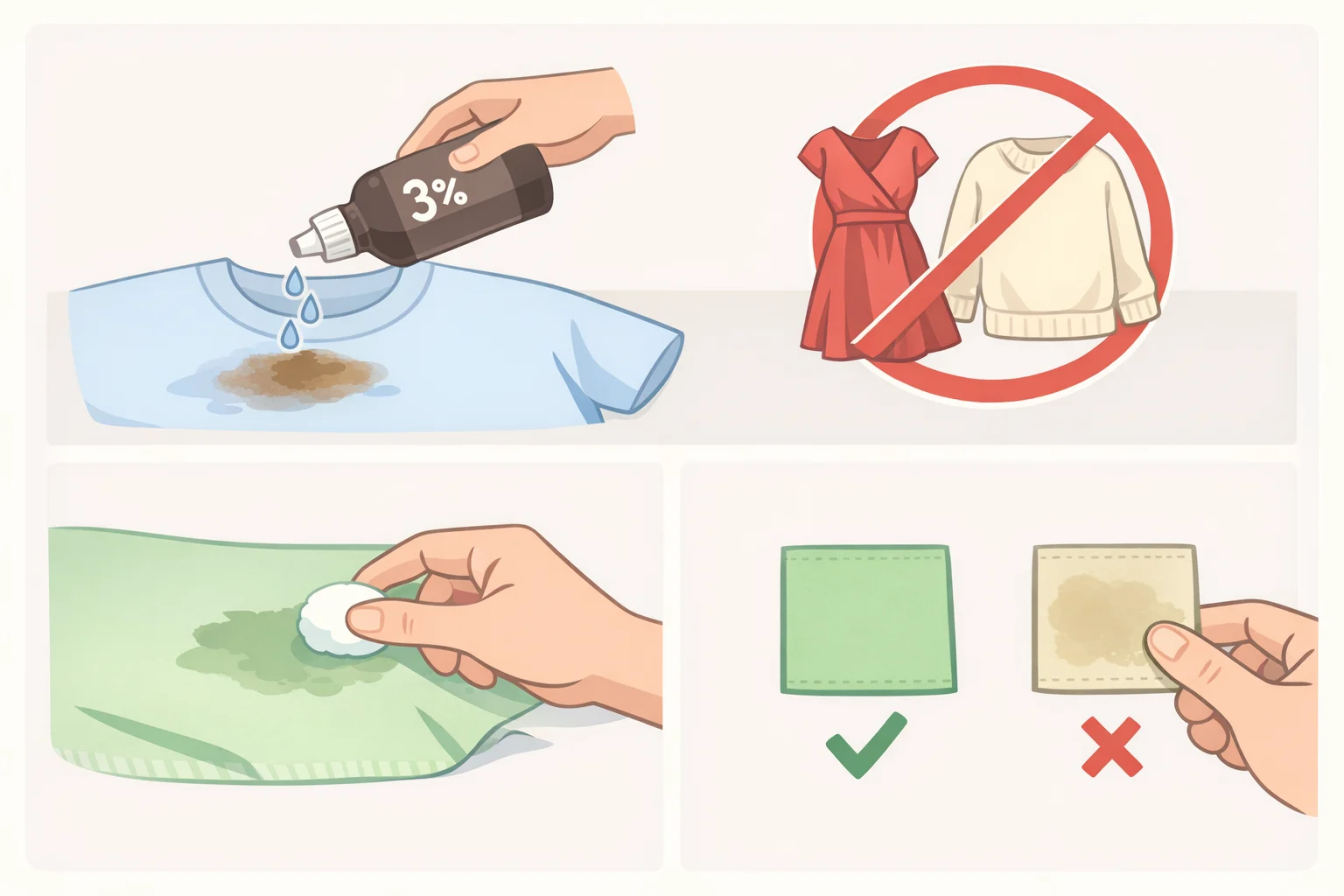 Diagram of a bottle of 3% hydrogen peroxide being applied to a cold, damp blood mark on a washable sheet, along with a note to patch-test a hidden seam before rinsing and washing