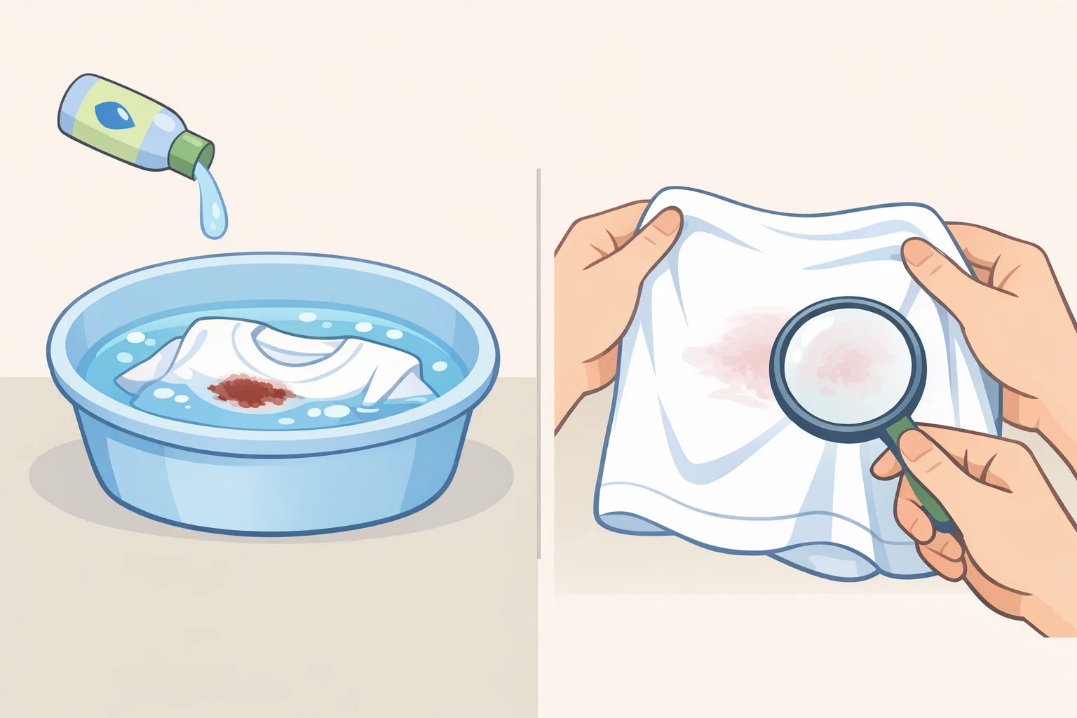 Illustration of a sheet section soaking in a tub filled with cool-to-lukewarm enzyme presoak while the person checks for remaining dried blood after the soak