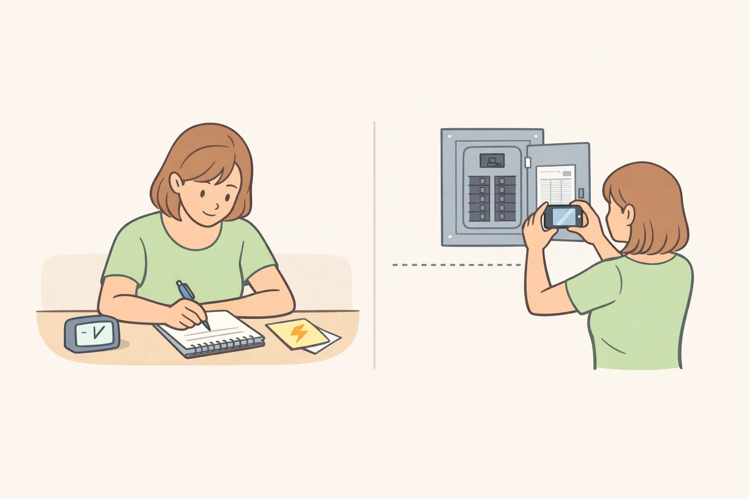 Illustration of a homeowner documenting the affected breaker label, what appliances were running, whether the issue covers one outlet or the whole circuit, and taking a safe-distance photo of visible scorching.