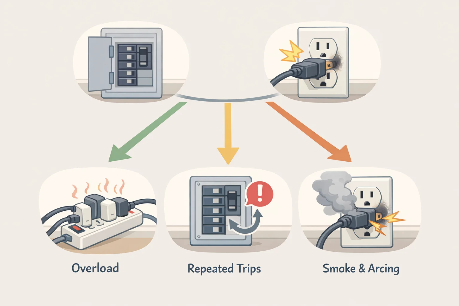 Three-path flowchart showing how overload conditions, repeated tripping, or smoke/sparking/burning odor correspond to different actions like unplugging, scheduling an electrician, or calling emergency services.