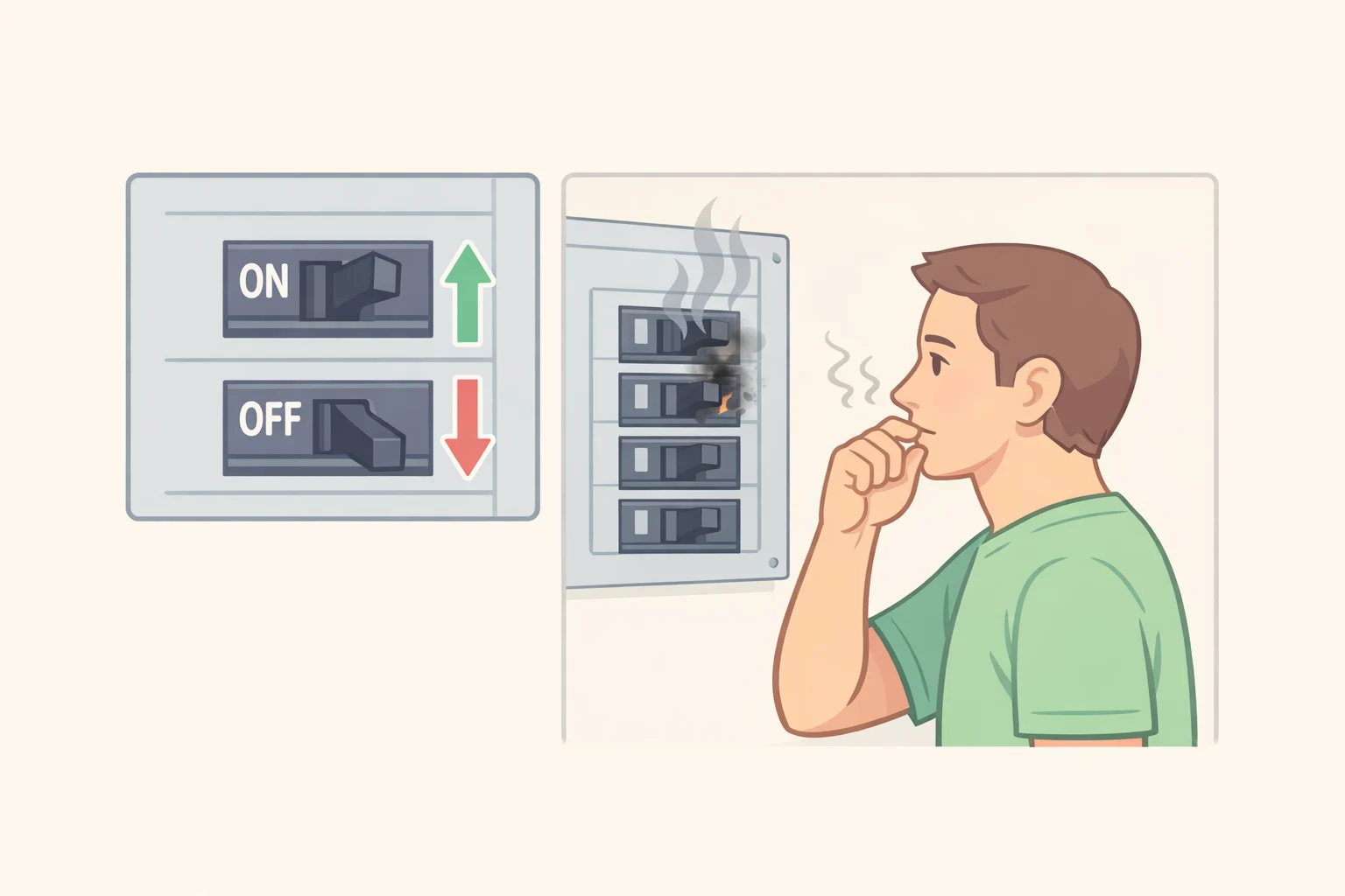 Close-up illustration of an electrical breaker with the handle fully on, alongside safety callouts for checking for smell, buzzing, and visible scorching from a safe distance—can a circuit breaker be bad without tripping?