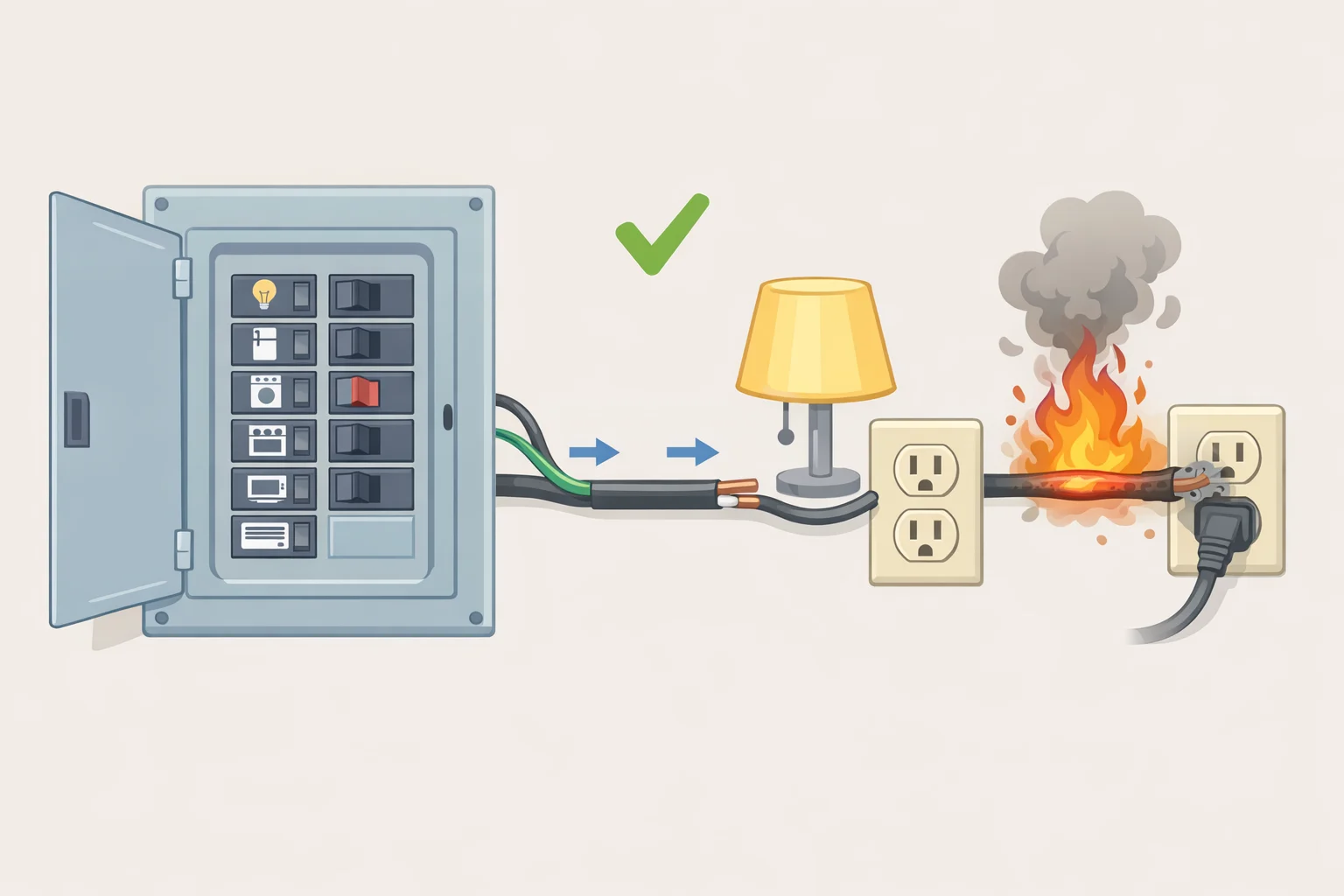 Diagram of a home service panel with breakers/fuses labeled for different circuits, illustrating that a breaker protects wiring from overheating and fire risk—not every outlet on the circuit.