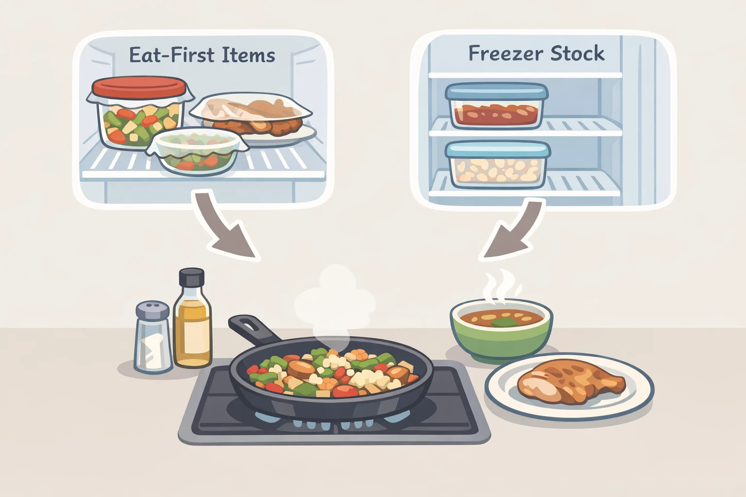 A weekly leftovers night setup where vegetables, grains, or broth from the eat-first bin and freezer are combined into one reheated meal while ensuring food is heated all the way through