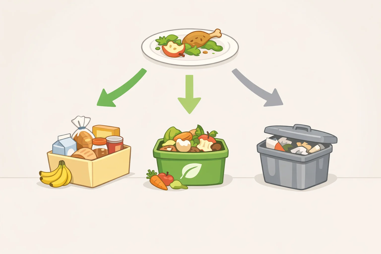 Decision flow that ranks options as still safe and unopened donation first, spoiled scraps composting second, and trash or garbage disposal last—helping prevent avoidable landfill waste
