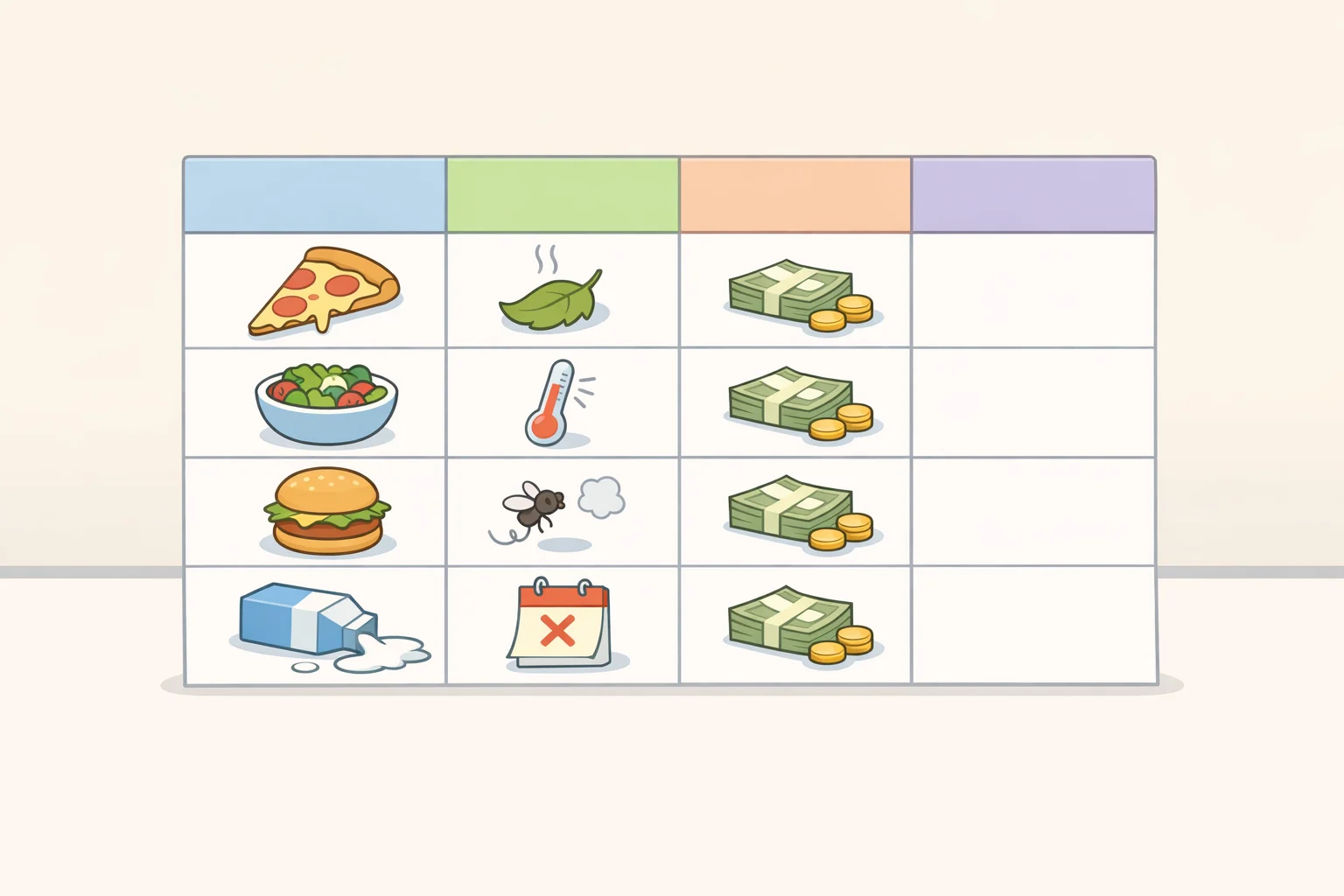 Example of a two-week waste log with columns for item, amount, reason (spoiled, forgotten, made too much, nobody liked it), and replacement cost to guide how to reduce food waste and save money