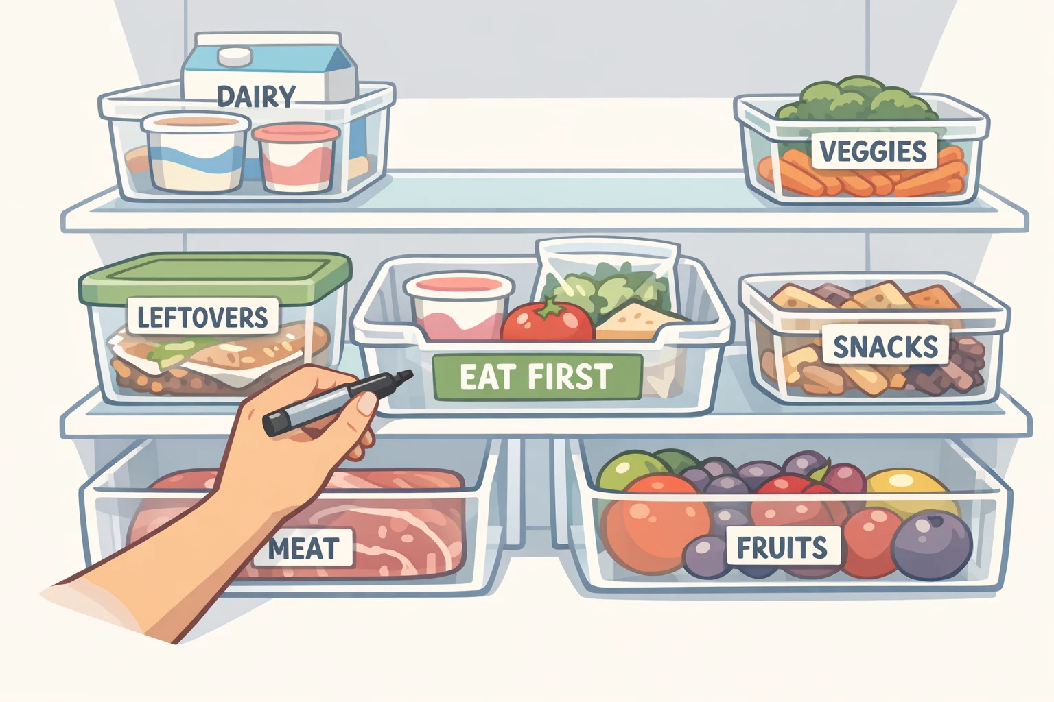 Fridge layout showing date-labeled leftovers and opened packages placed in a clearly marked 'eat first' bin so items are visible before they spoil