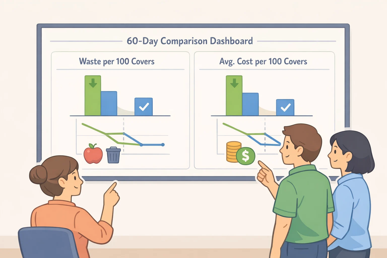 Illustration of a 60-day review sheet comparing baseline vs pilot discard quantity, waste reasons, and total cost while normalizing by covers or $1,000 in food sales.