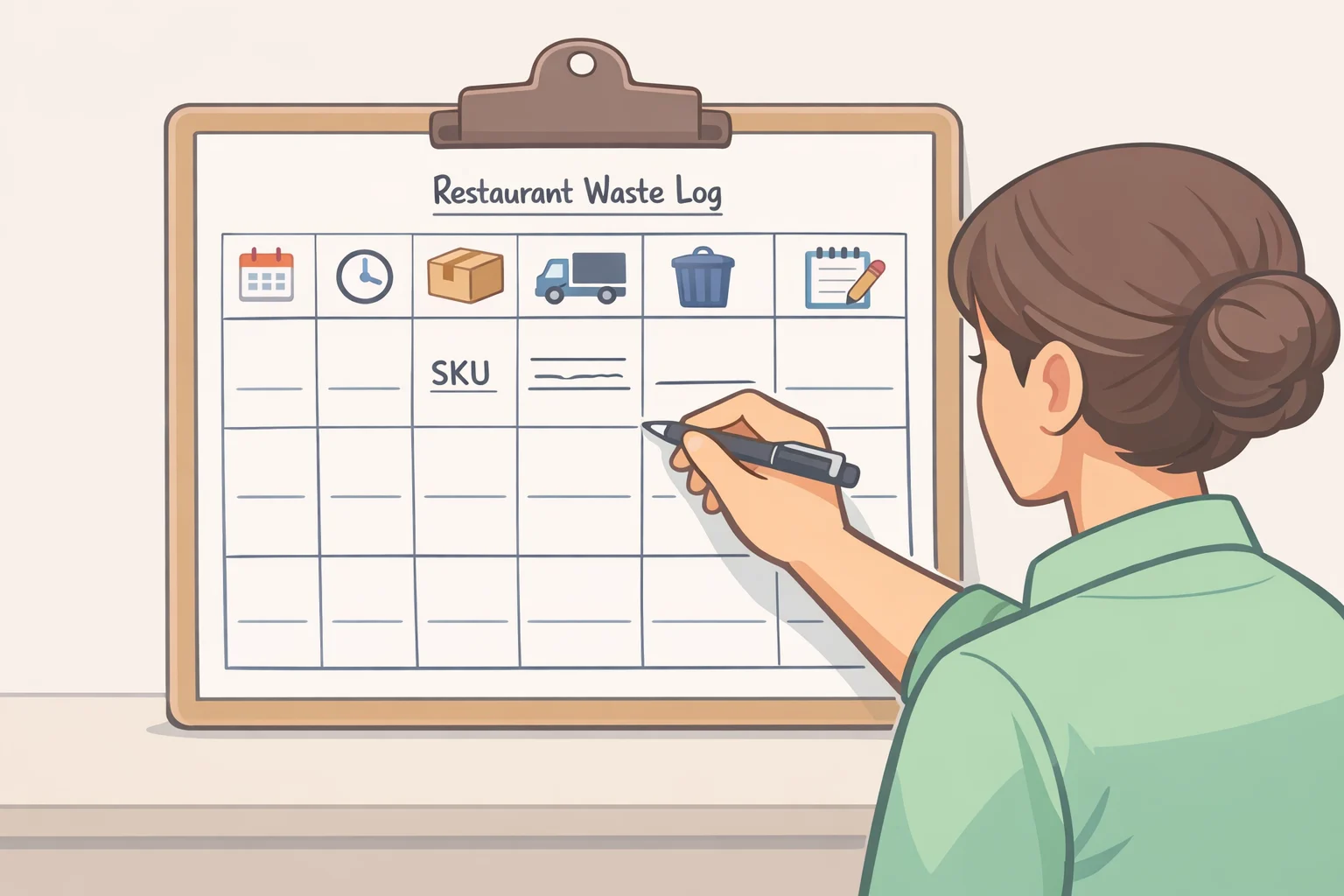 Example waste log fields for measuring surplus to guide how to reduce food waste with suppliers, including date, SKU, quantity discarded, waste reason, where it occurred, and supplier.