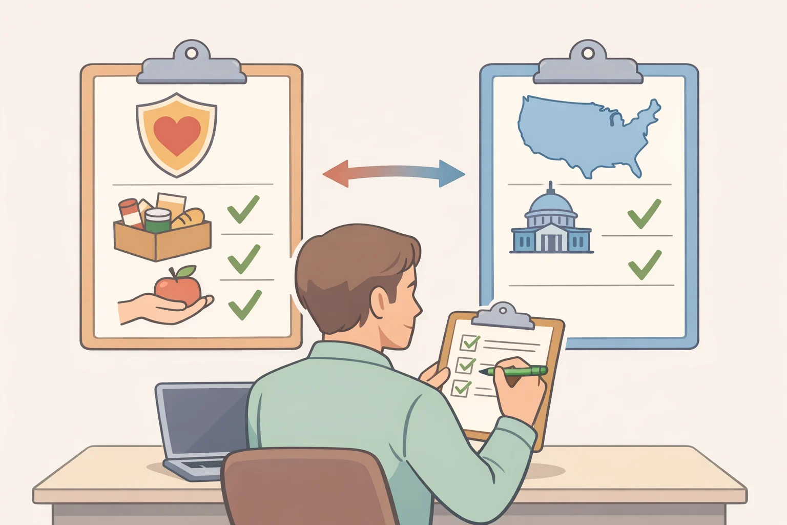 Illustration of a compliance checklist for donating safe surplus, highlighting Good Samaritan protections for qualified direct donors and noting limits under state and local food-safety laws.