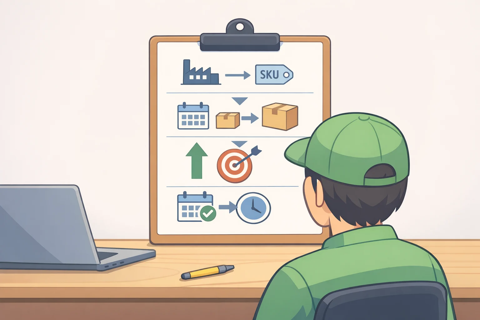 Illustration of a one-page supplier request showing SKU, current pack and delivery cadence, discard baseline, requested pilot change, trade-off, success metric, and a review date.