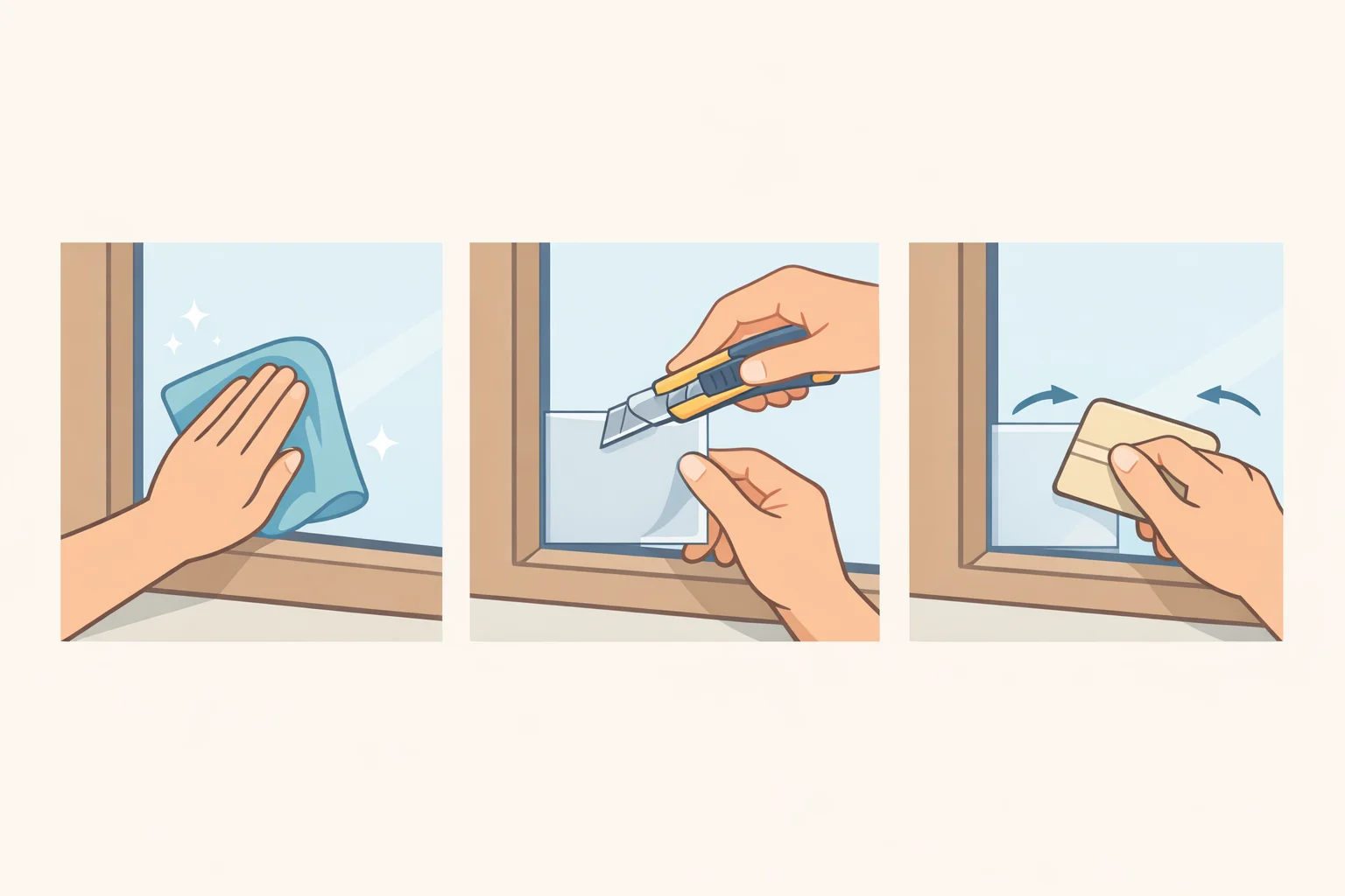 Illustration of a small Dollar Tree window film test patch being cleaned, cut with scissors, and pressed flat with smoothing hands on a discreet bottom corner