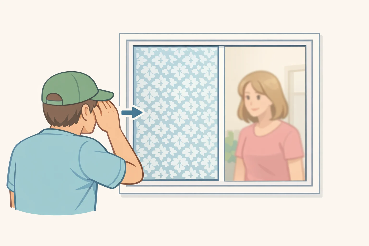 Person standing at a neighbor-like distance outside while looking through a stained-glass window film patch in daylight to assess privacy and clarity