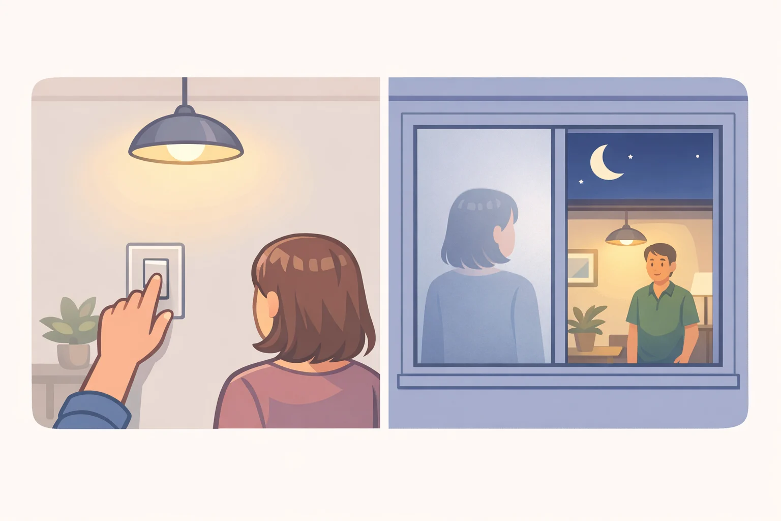Nighttime illustration of indoor lights on while a passerby-style viewpoint checks visibility through the stained-glass privacy film from outside