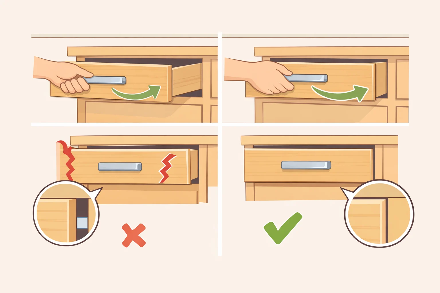 A side-by-side view of an IKEA drawer being opened and closed to confirm the peel-and-stick tile seams sit flush and the drawer clears the frame without catching