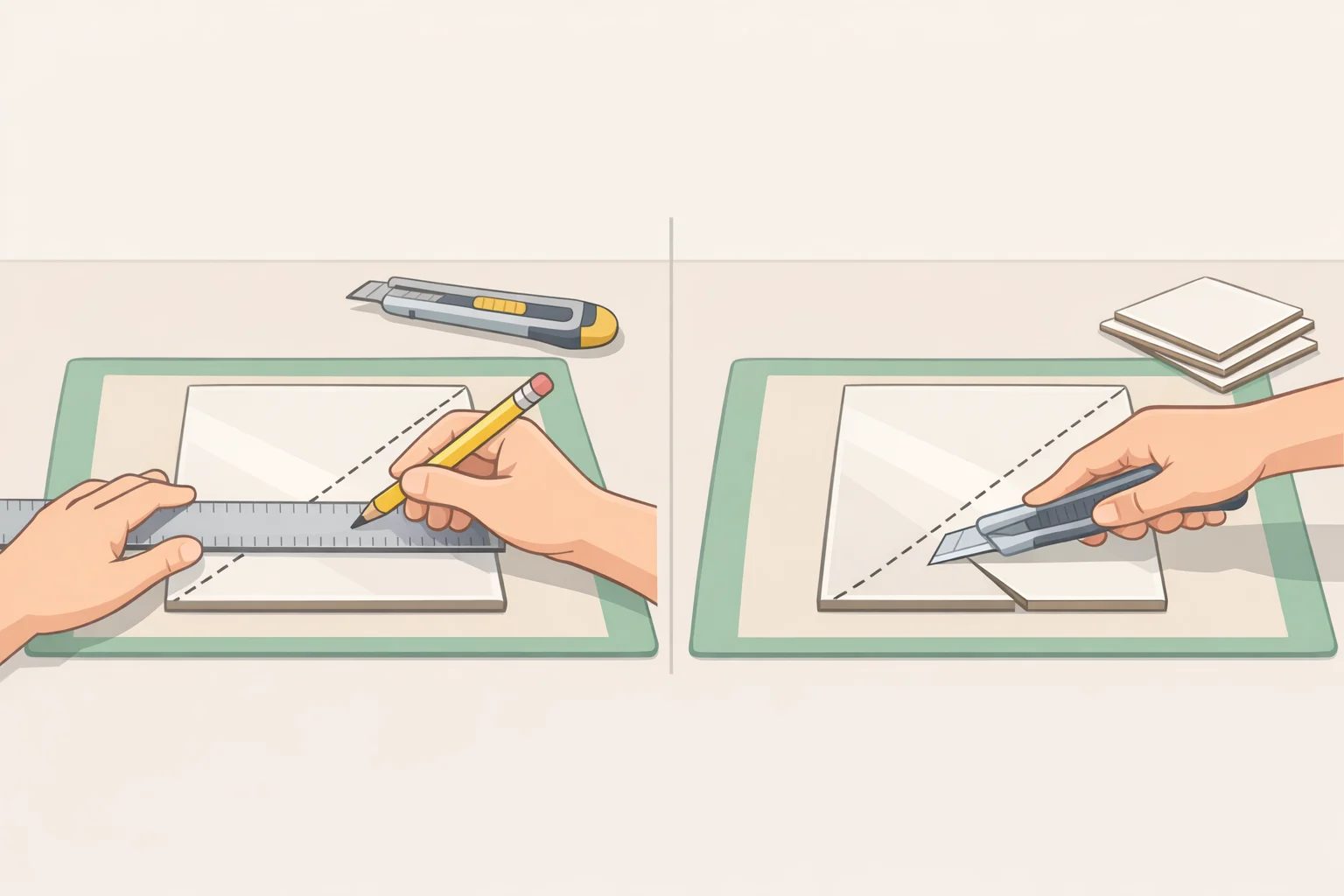 A close-up of a 12x12-inch peel-and-stick tile being marked and cut with a box cutter on a cutting mat, following traced measurements for an IKEA MALM dresser makeover