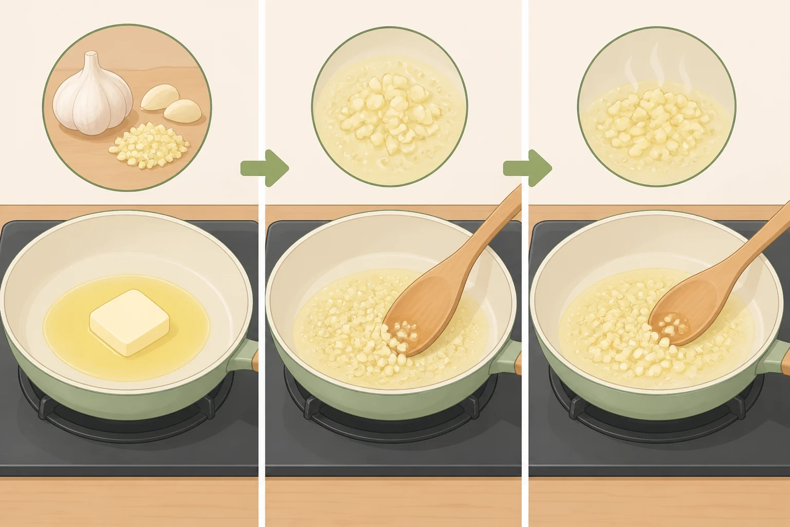 Skillet with melted butter and gently sautéing minced garlic over medium-low heat, preventing bitterness while building the garlic Parmesan sauce base
