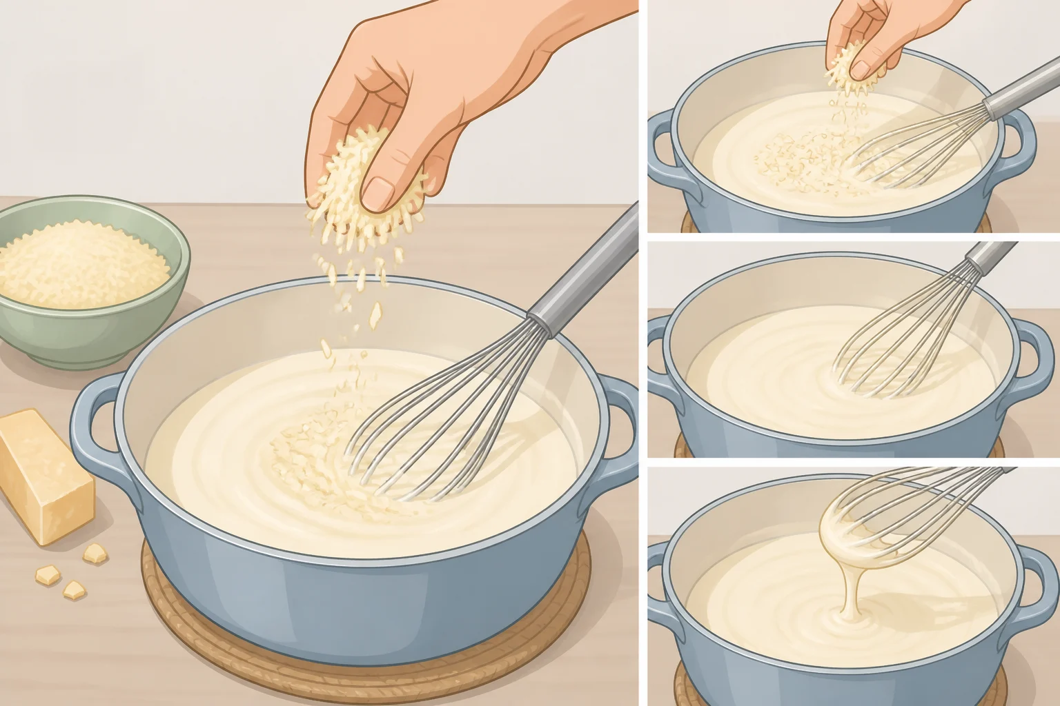 Close-up of a creamy sauce being whisked with grated Parmesan off the burner until fully melted and smooth for a creamy garlic Parmesan texture