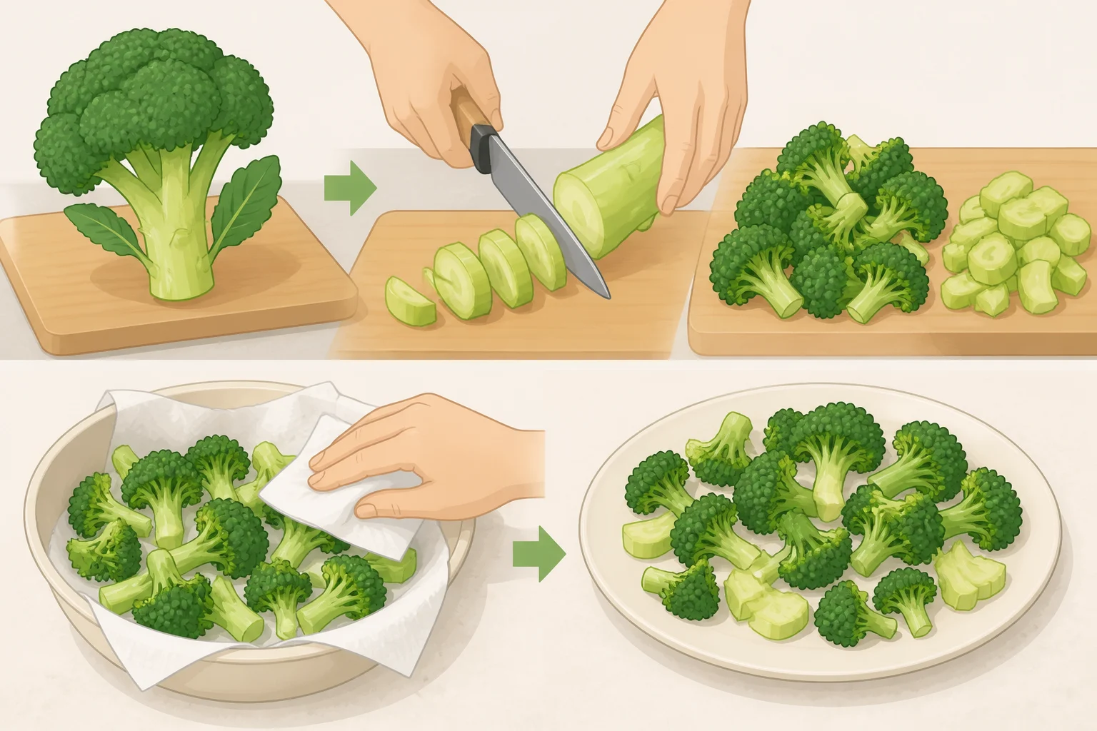 Knife and cutting board showing quarter-inch sliced broccoli stalks, peeled outer layer, dry florets after patting, and grated Parmesan staged before making creamy garlic parmesan broccoli with bacon