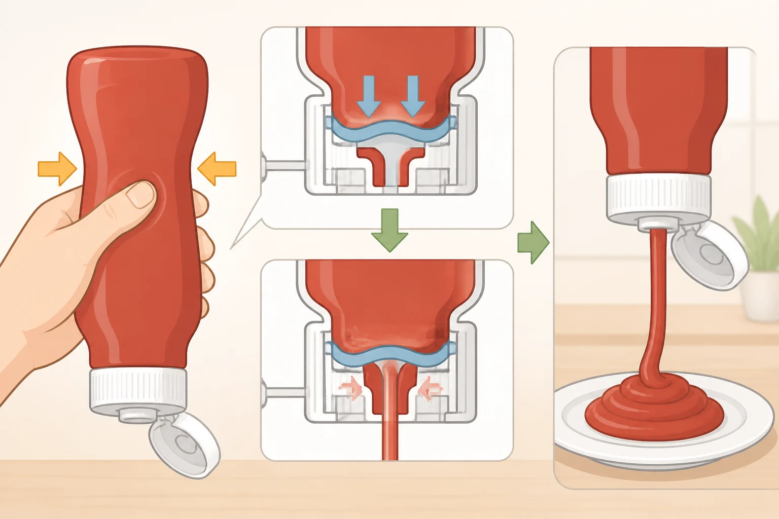 Cross-section style illustration of a plastic ketchup bottle cap with internal channels that open only after enough squeezing pressure builds up