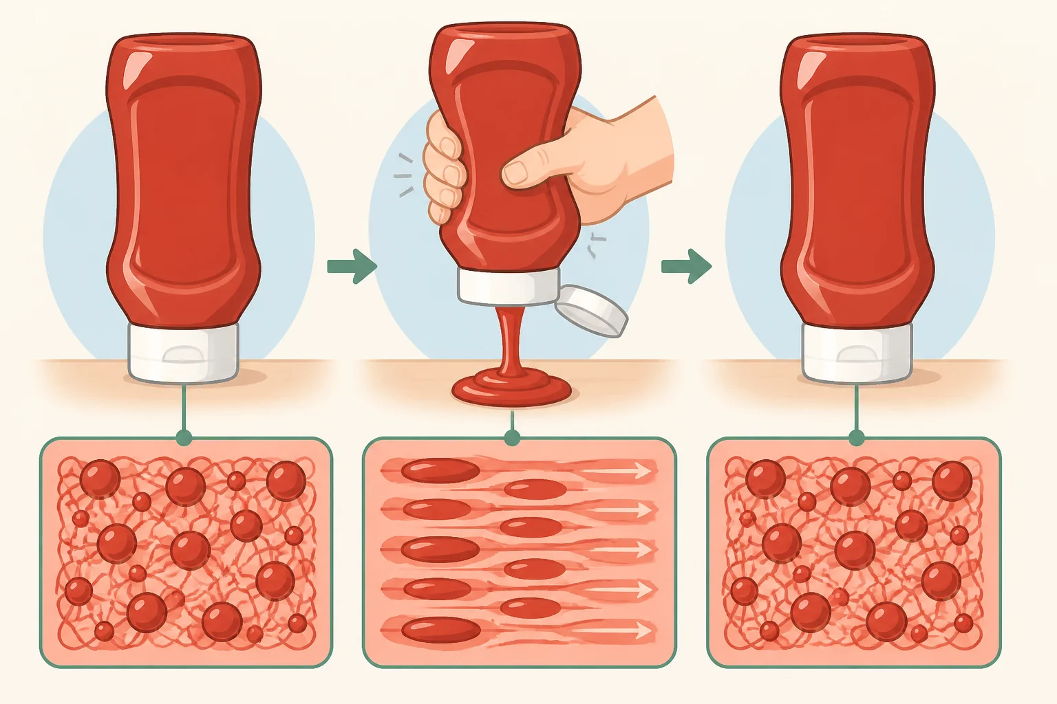 Diagram of shear-thinning ketchup viscosity dropping under applied stress and rebuilding quickly after the force stops
