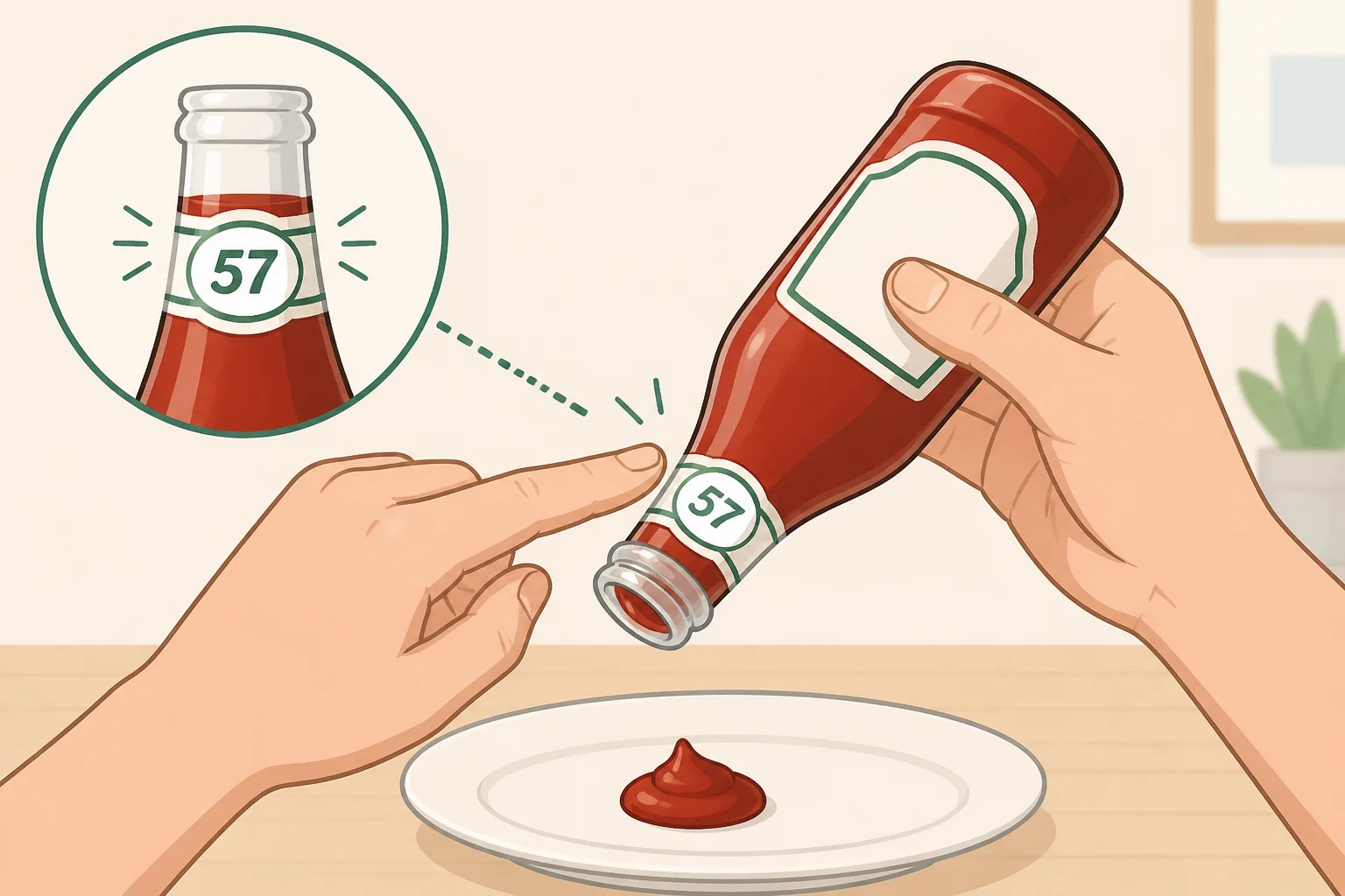 Close-up instructions for how to get ketchup out of the bottle by tapping the '57' mark on the neck of a Heinz glass bottle while the bottle is angled over a plate