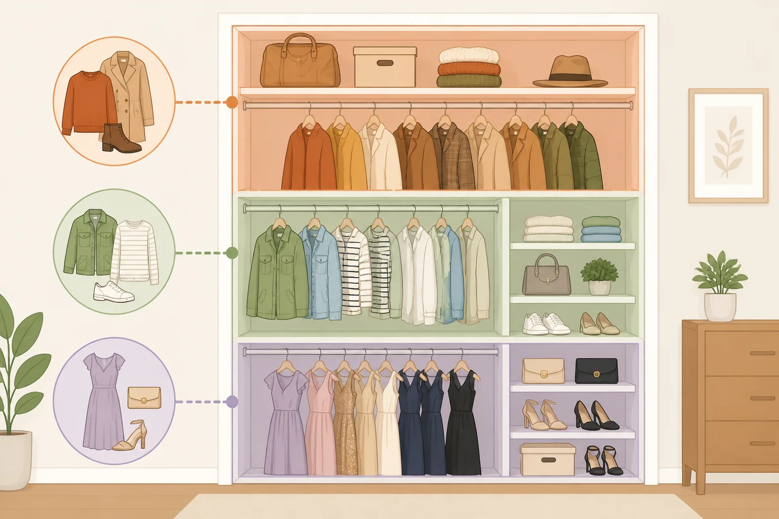 Diagram of how to transition your closet from summer to fall by dividing a closet into three zones: an active eye-level area for fall favorites, a secondary grab-easy area for transitional pieces, and a low-access area for occasion wear