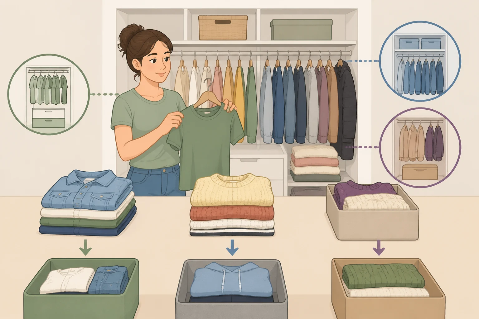 Illustration of a person standing in front of a closet and placing sweaters, jackets, and shoes into three labeled zones based on how often they’ll be reached for