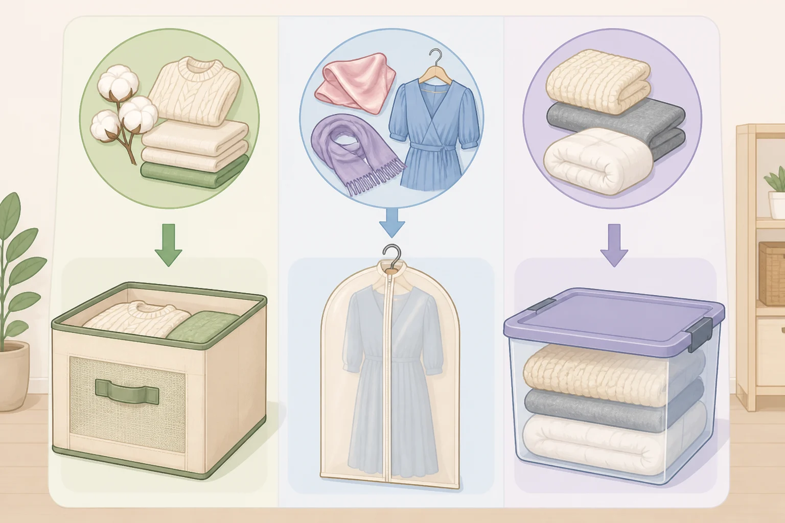 Illustration comparing storage optionsairtight bins, vacuum bags, breathable canvas boxes, and garment bagsmatched to fabric needs like wrinkle-prone knits, delicate items, and bulky wool