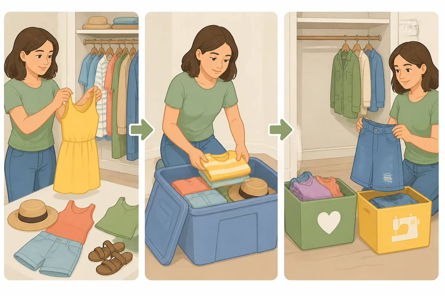Illustration of summer-only clothes being separated into keep, donate, and repair piles, with labeled storage bins ready for storing items for the next warm season