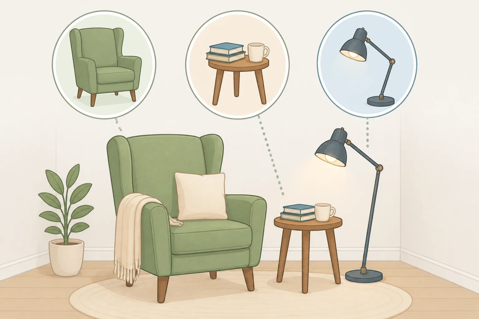 A simple checklist of cozy reading nook ideas essentials: a comfy chair with a throw blanket, a small side table for a book and drink, and a lamp aimed to light the page