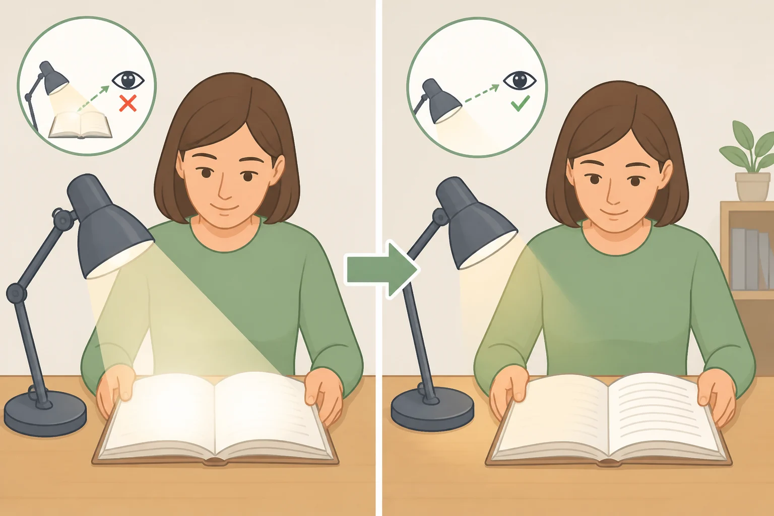 A DIY reading nook setup with the lamp repositioned so light lands on the open page without glare or shadow across the text