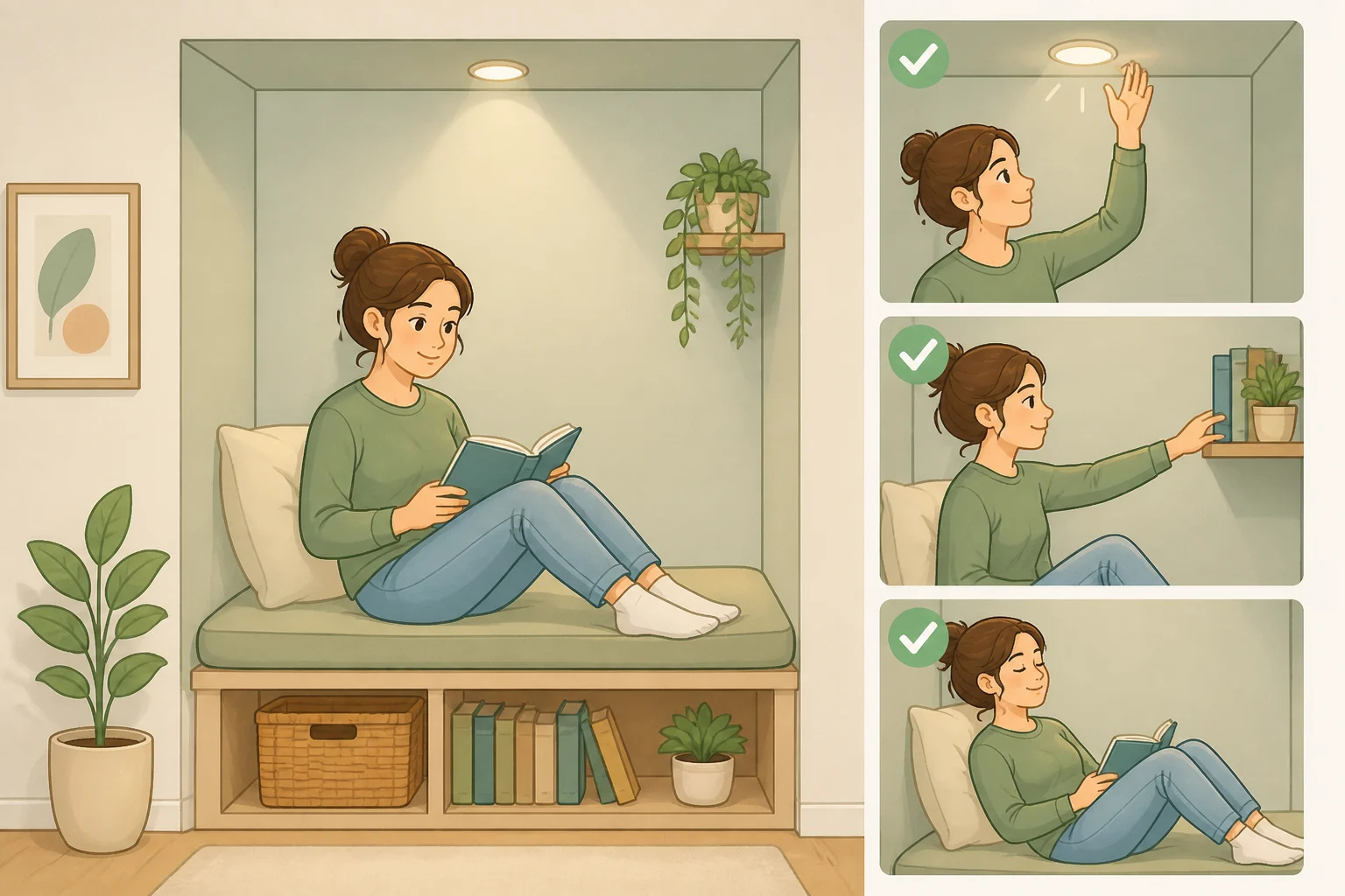 A person seated in a reading nook testing whether the entire page is readable, a book and drink are reachable, and the chair remains comfortable after an hour