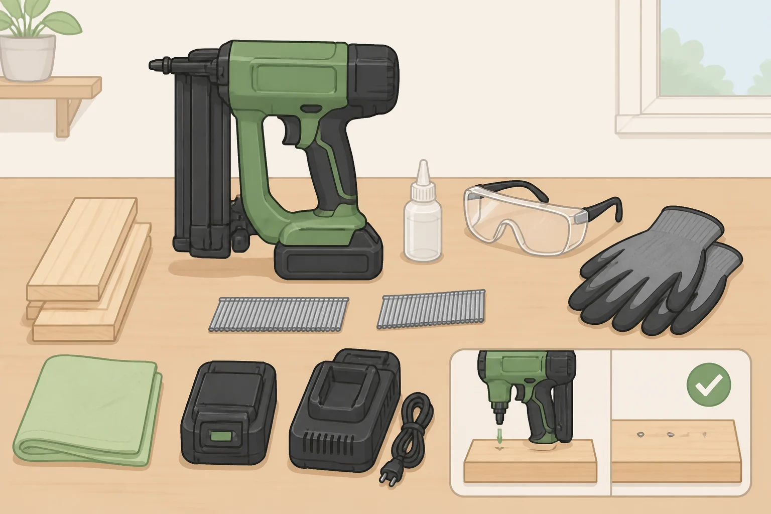 Layout of the cordless 18-gauge brad nailer, 18-gauge brad strips, safety glasses, hearing protection, measuring tape, and a scrap test board for learning how to use a brad nailer