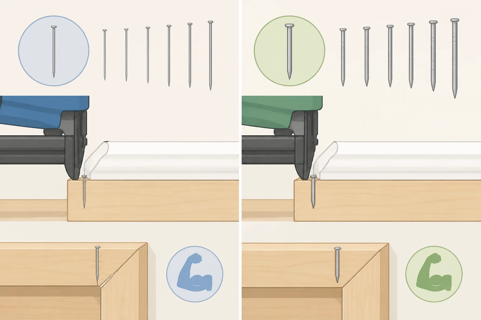 Diagram comparing 18-gauge brad nails versus thicker 16-gauge and 15-gauge finish nails, illustrating how gauge changes holding power for trim installs