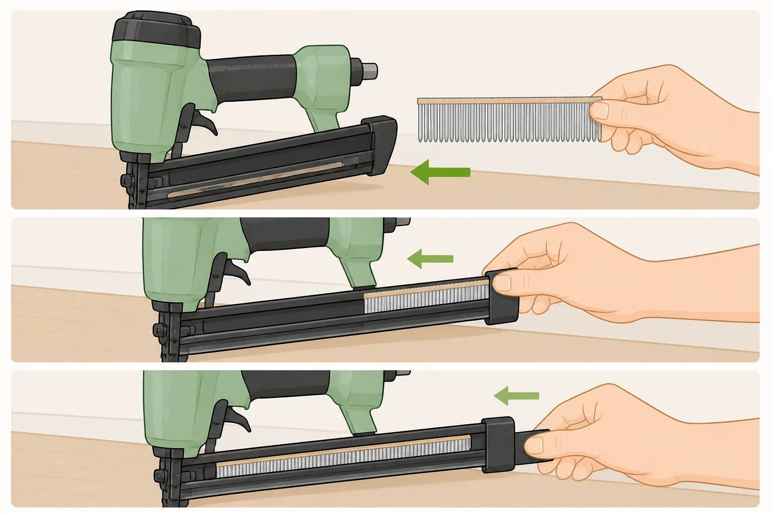 Close-up of an 18-gauge cordless brad nailer magazine with a brad strip being inserted into the track and latched shut