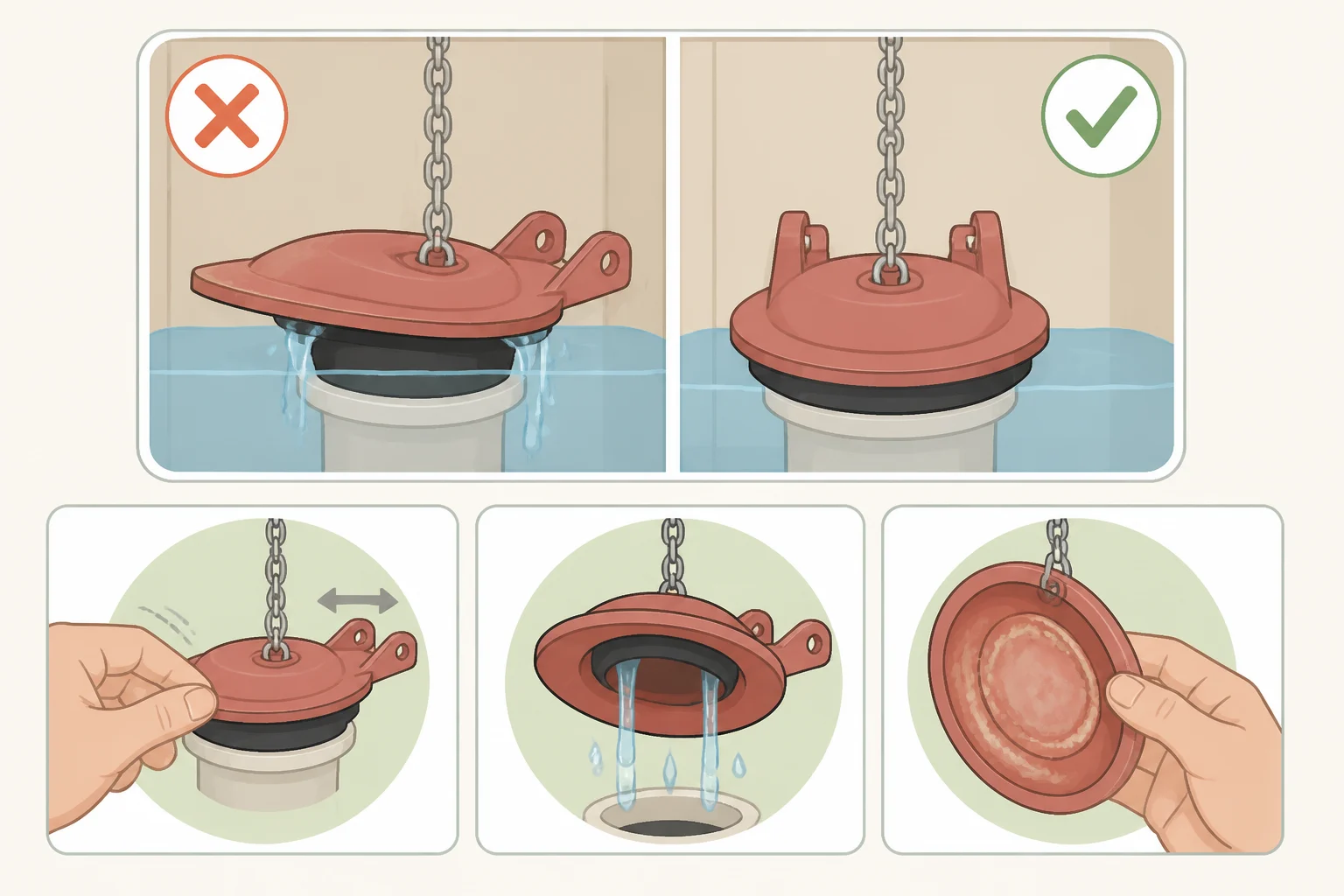 Illustration contrasting a worn, cracked flapper with mineral deposits versus a new flapper sealing flat to stop water bubbling past the drain opening